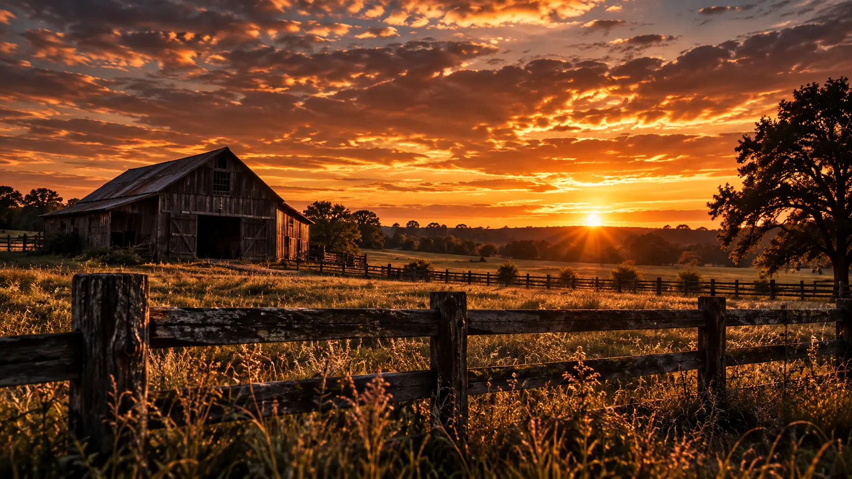 Country barn and fence at sunset