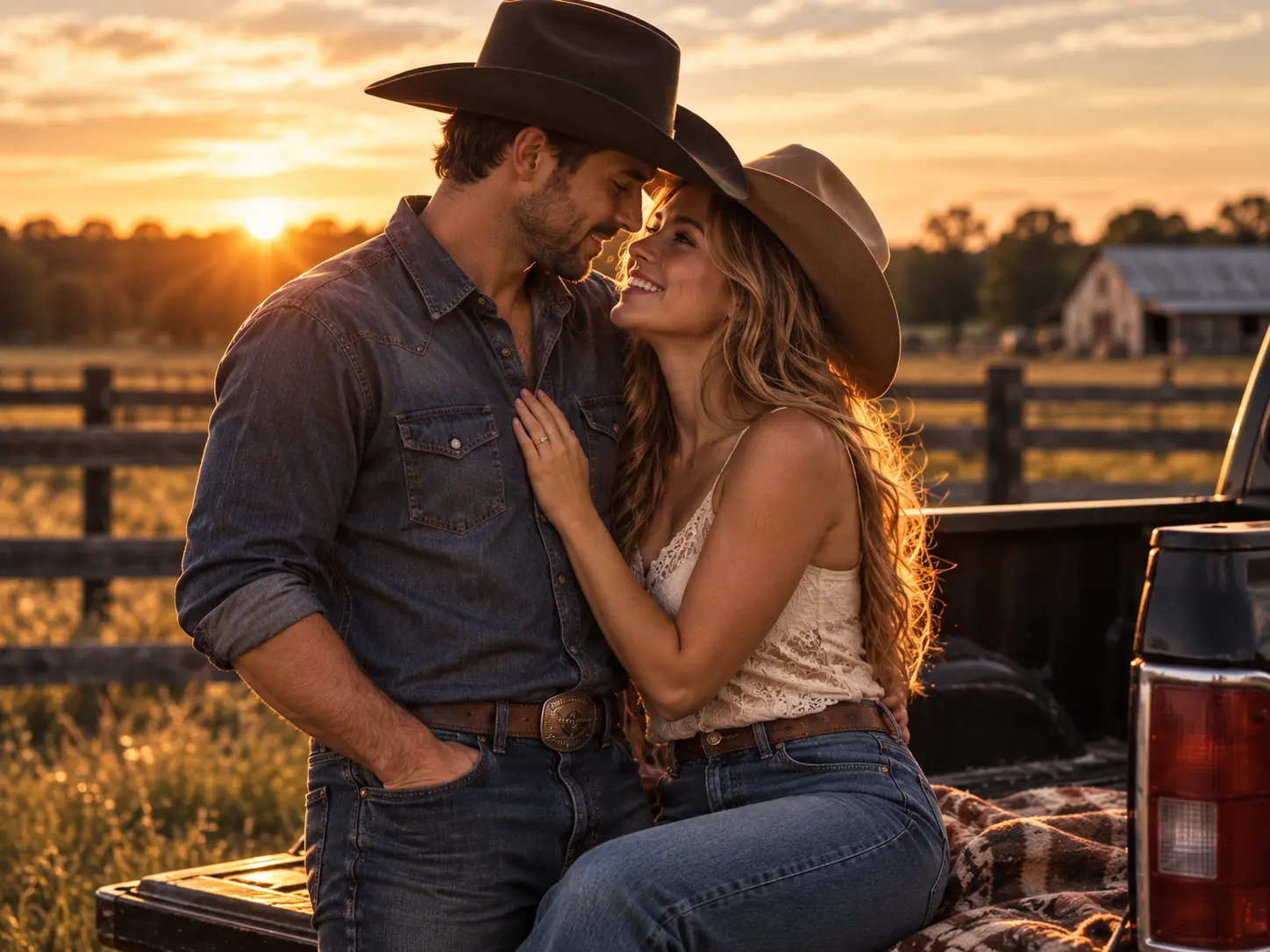 A real couple in denim and western hats