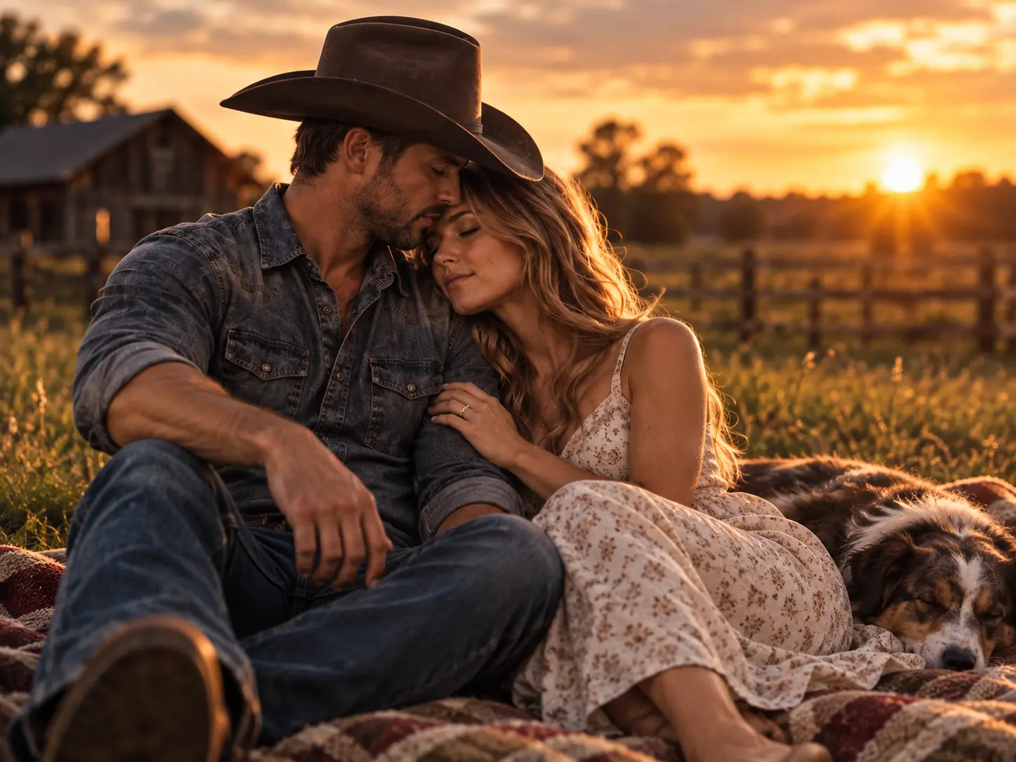 Couple resting on a quilt in a field with their dog
