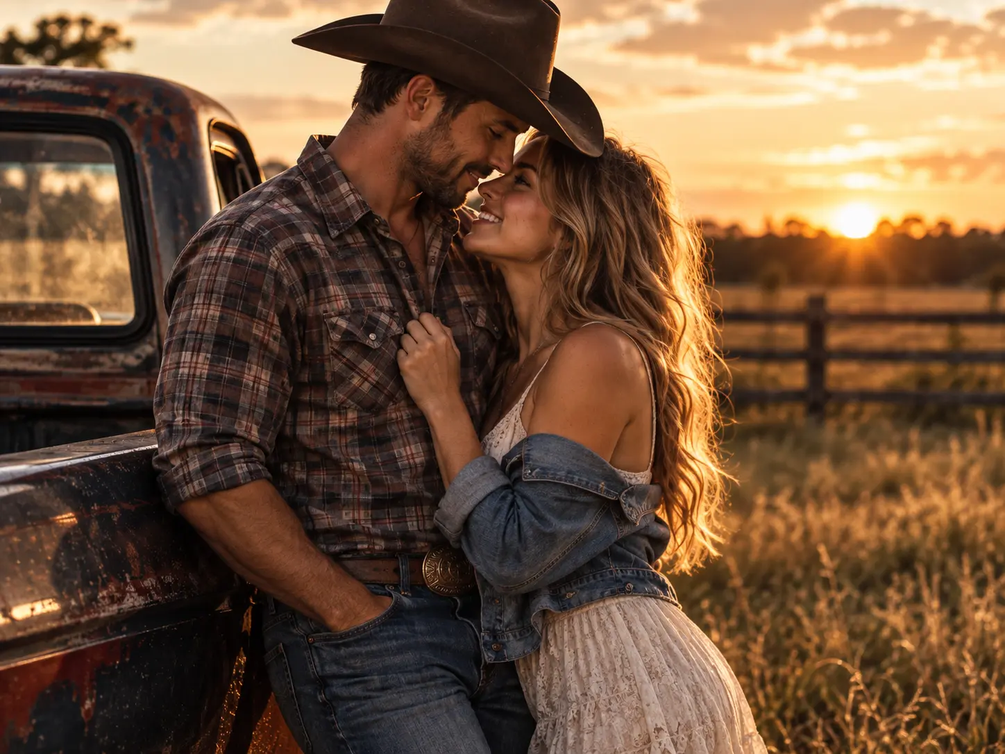 Couple leaning against an old pickup truck at sunset